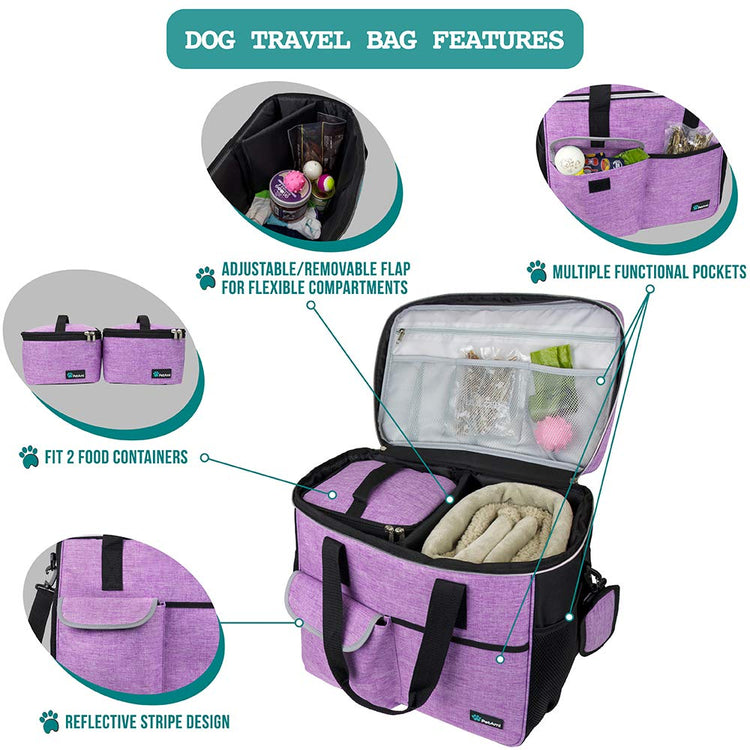 PetAmi Dog Travel Bag Organizer, Pet Travel Kit with 2 Food Containers & 2 Collapsible Dog Bowls, Pet Supplies Tote with Luggage Sleeve, Weekend Road Trip Camping Essentials, Dark Gray, Medium