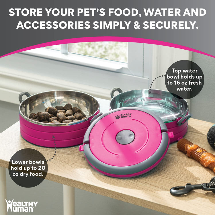 Healthy Human Travel Pet Bento Bowls - Human-Grade Stainless Steel & BPA-Free, Leak-Proof Water & Food Container Set for Dogs & Cats, 4-Pack Interlocking Bowls, Includes Spare Clips & Handle (Pink)
