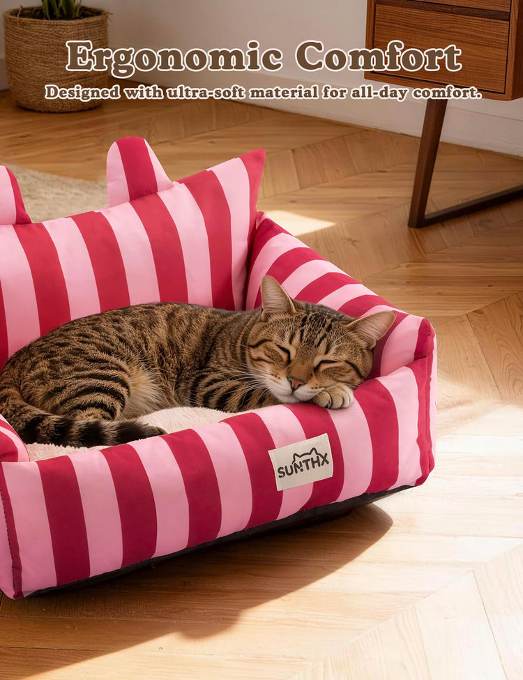 Cat Couch, Reversible Pet Bed for Indoor Cats – 2-Sided Cat Sofa with Oxford Fabric and Plush Fleece, Washable Small Dog Couch for Puppies and Senior Pets, Non-Slip Bottom, 28 inch, Pink Brown