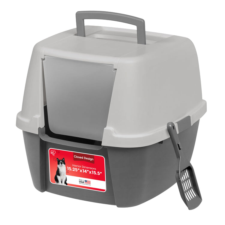 IRIS USA Cat Litter Box Large with Front Door Flap, Covered Enclosed Litter Box Enclosure with Scoop, Handle & Buckles for Portability & Privacy, Hidden Litter Pan, Navy