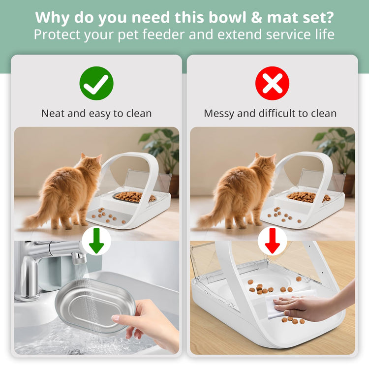 Stainless Steel Bowl for Automatic Microchip Cat Pet Feeder, Sealing Ring Design for Keeping Food Fresh and Reducing Odor, SUS 304, Easy to Clean, 2 Bowl & 1 Mat Set