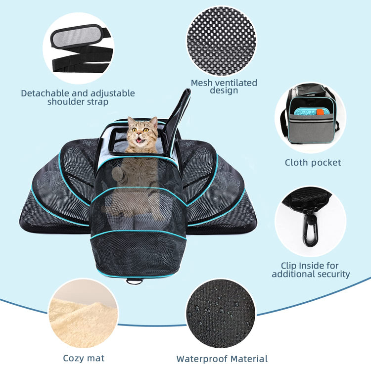 Cat Dog Carrier - Airline Approved Expandable Soft-Sided Pet Carrier with Removable Fleece Pad and Pockets, for Cats/Puppy and Small Animals Large(2 side expandable)
