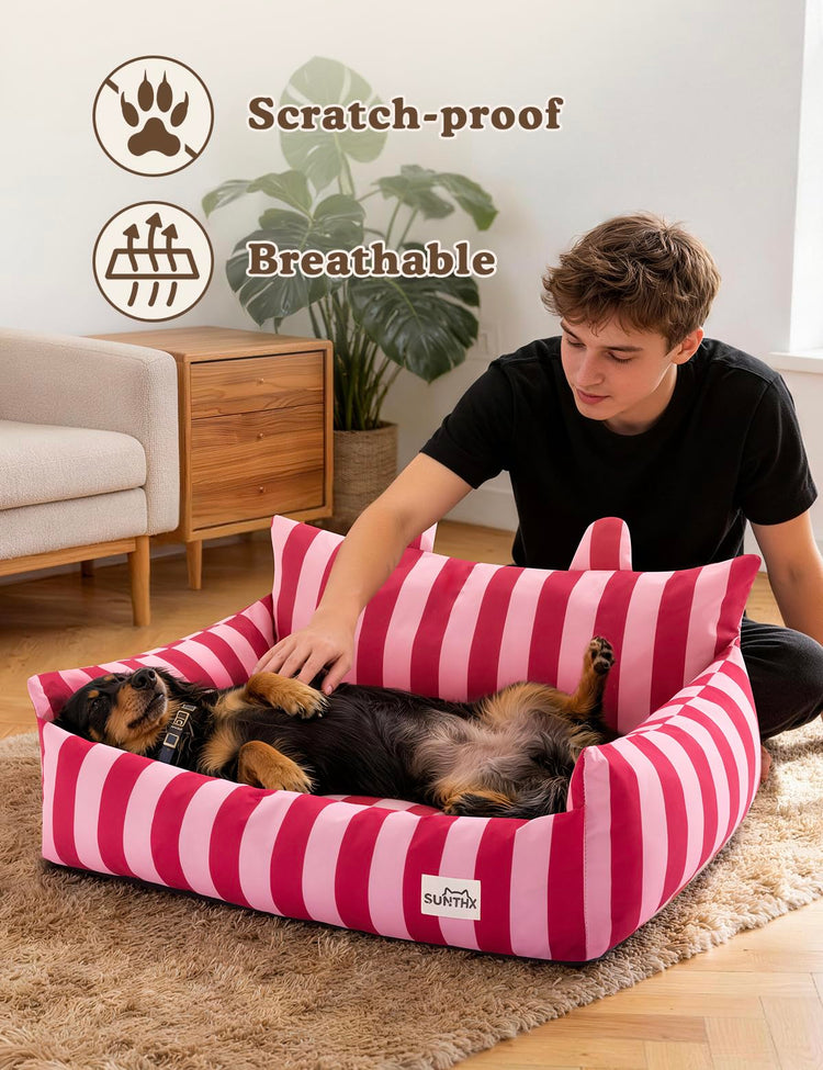 Cat Couch, Reversible Pet Bed for Indoor Cats – 2-Sided Cat Sofa with Oxford Fabric and Plush Fleece, Washable Small Dog Couch for Puppies and Senior Pets, Non-Slip Bottom, 28 inch, Pink Brown