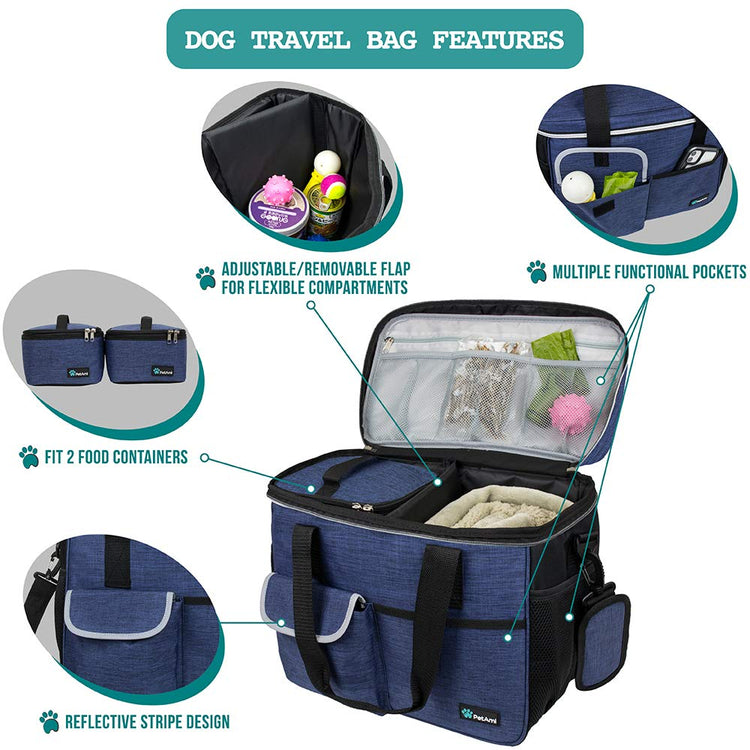 PetAmi Dog Travel Bag Organizer, Pet Travel Kit with 2 Food Containers & 2 Collapsible Dog Bowls, Pet Supplies Tote with Luggage Sleeve, Weekend Road Trip Camping Essentials, Dark Gray, Medium