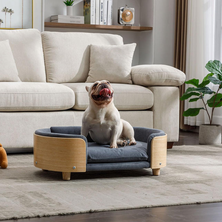 Elevated Dog Bed Pet Sofa with Solid Wood Legs and Bent Soft Backrest, Pet Cat Stool Bed with Velvet Cushion,for Small and Medium Size Dogs Kitten, Dark Gray, Small Size