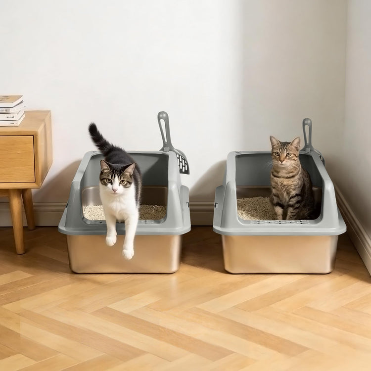 Kirecoo 2 Pack Stainless Steel Litter Box with Lid, Large Enclosed Metal Cat Litter Box Pan High Sided, Easy Clean Anti-Leakage Litterbox Tray for Indoor Big Cats, Kittens or Multicat, Scoop Included