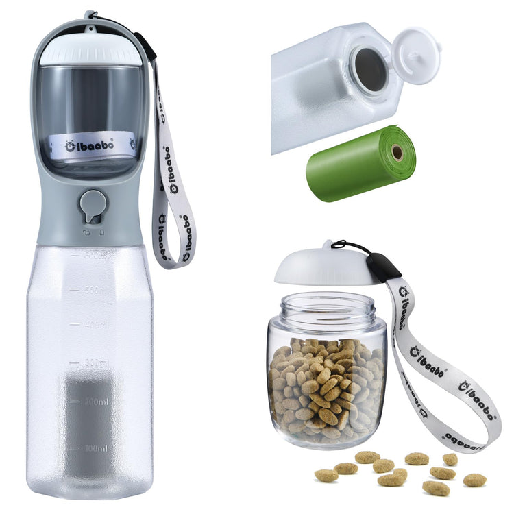 Cibaabo Dog Water Bottle with Food Container & Poop Bag Holder, Travel Water Bowl, Portable Pet Dispenser, Dog Gifts Stuff Accessories Items, Puppy Essentials for Yorkie Chihuahua Walking Hiking