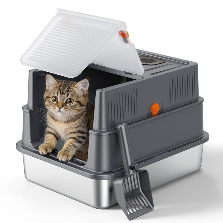 FURTIME Stainless Steel Litter Box with Lid, Large Enclosed Cat Litter Box for Big Cats, Metal Cat Box with High Sided Enclosure & Scoop, Front & Top Entry, Odor Free, Anti-Leakage, Grey
