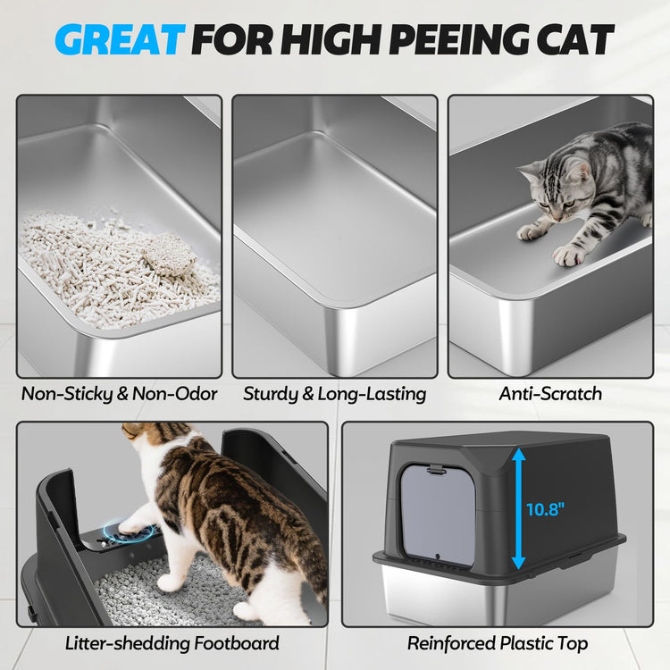 WoofiGo Enclosed Stainless Steel Cat Litter Box with Lid, XL Extra Large Litter Box for Big Cats, Metal Litter Pan High Sided, Never Absorbs Odors, Anti-Urine Leakage, Easy Cleaning, Include Scoop