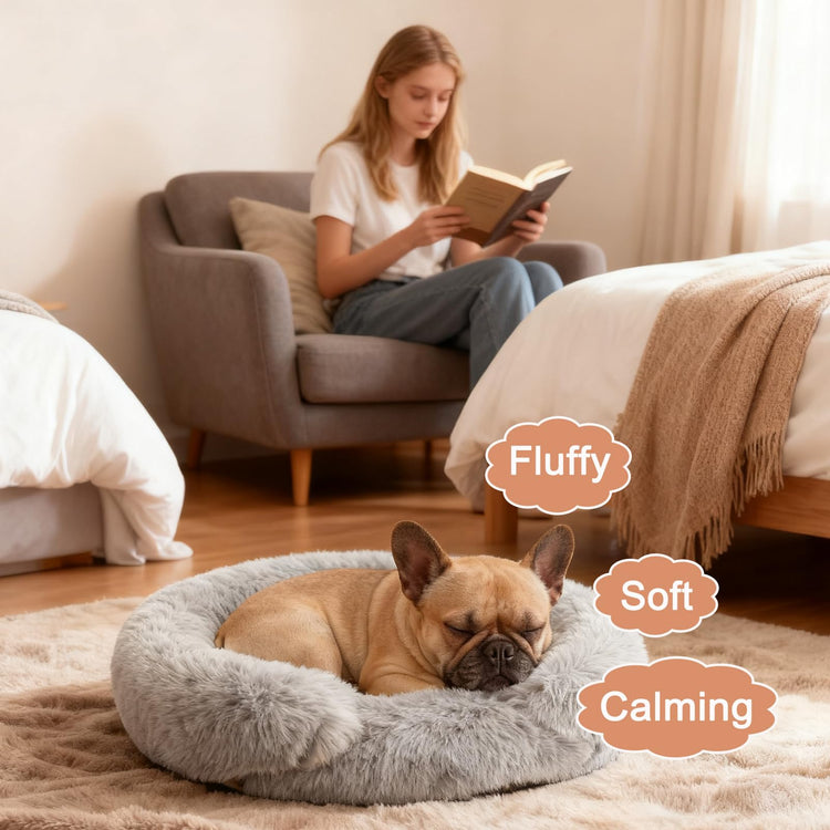 Orthopedic Dog Bed with Egg-Crate Base, Calming Dog & Cat Beds Long Plush with Raised Edges, Spine Friendly Pet Sleeping Mat for Small Medium Dogs, Machine Washable (Oval, Beige 26"x20")