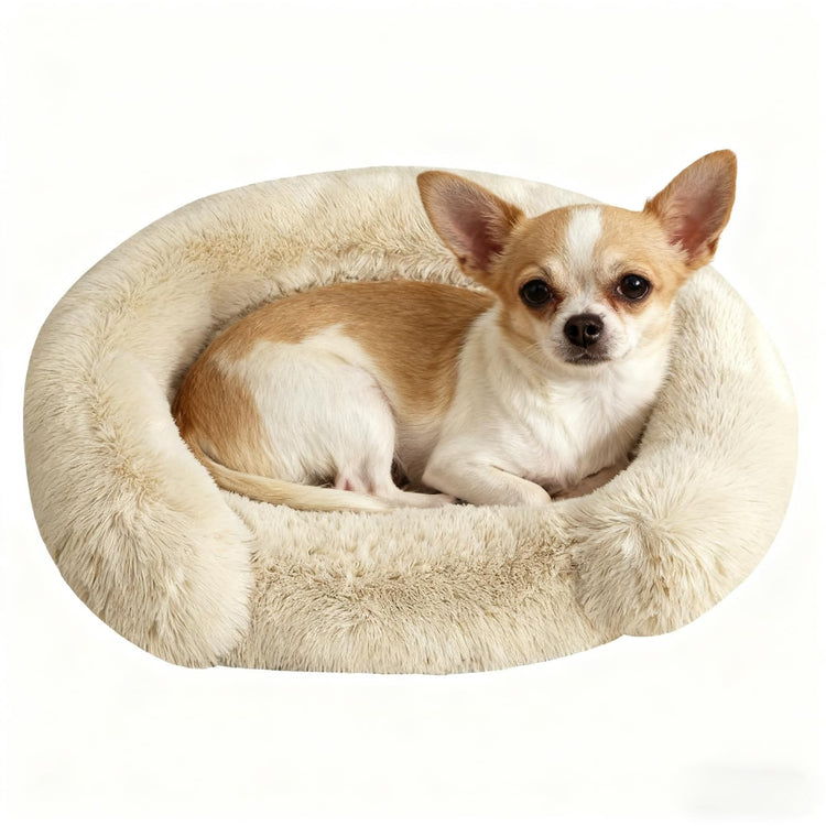 Orthopedic Dog Bed with Egg-Crate Base, Calming Dog & Cat Beds Long Plush with Raised Edges, Spine Friendly Pet Sleeping Mat for Small Medium Dogs, Machine Washable (Oval, Beige 26"x20")