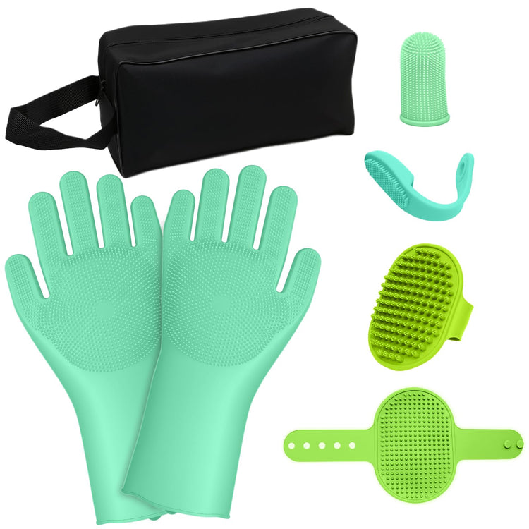 7PCS Pet Grooming Kit for Dogs and Cats，with Storage Bag & Includes Dog Washing Gloveswith High-Density Teeth, Adjustable Handle Dog Shampoo Brush, Dog Finger Toothbrush (Gray)
