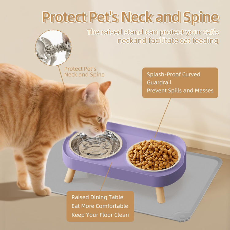 Elevated Cat Bowl, Raised Cat Food and Water Bowl Set for Indoor Cats, Splash Proof with 2 Stainless Steel Pet Food Bowls for Cats and Puppies, Whisker Fatigue and Dishwasher Safe - White