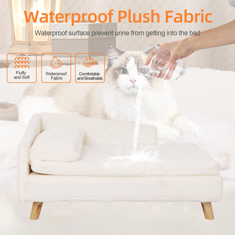 Elevated Cat Couch Sofa: Wooden Cat Bed Dog Chair with Bolster Cushion for Small Dogs Cute Pet Chaise Soft Cushion Fluffy Washable for Puppy