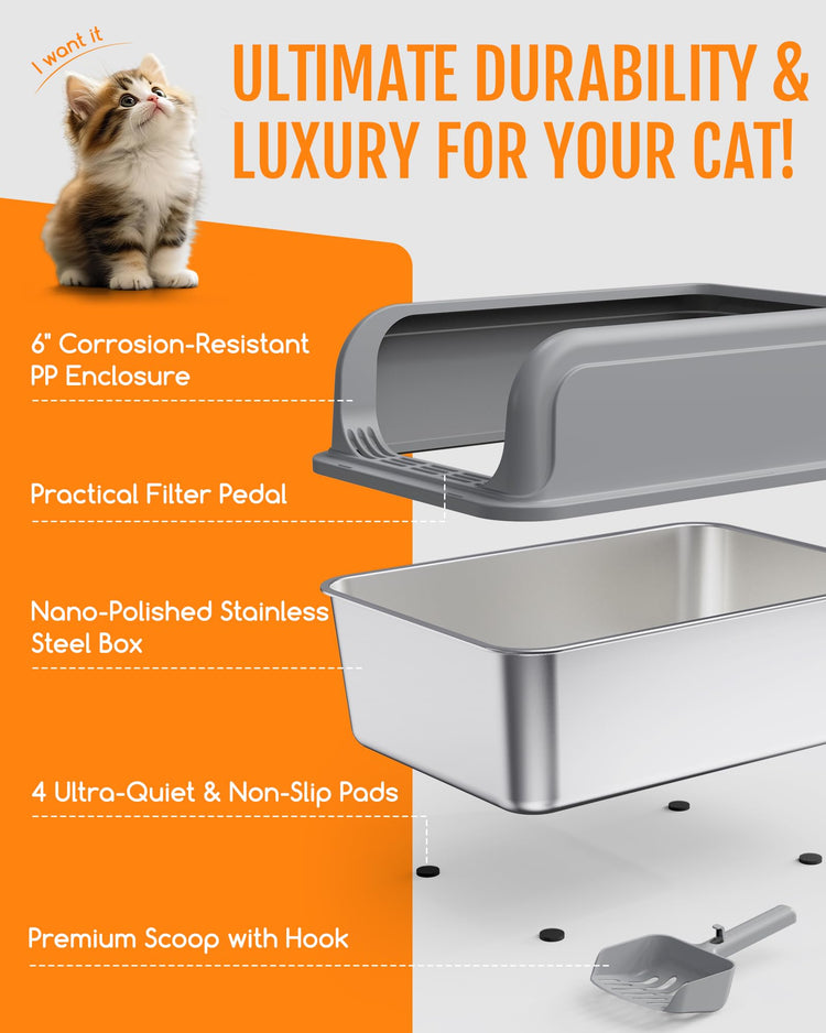 Powools Stainless Steel Cat Litter Box, Metal Litter Box with Scoop, High- Sided, Anti-Leakage Top Entry, Non-Sticky, Easy to Clean, Grey, M (1 Pack)