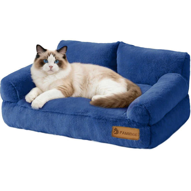 FAMIDGE Plush Cat Couch Bed - Cat Bed for Indoor Cats, Dog Sofa Bed, Short Rabbit Fleece Calming Pet Couch with Removable Cover, Anti-Shedding Pet Sofa for Small/Medium Pets (26×18×12in, Brown)