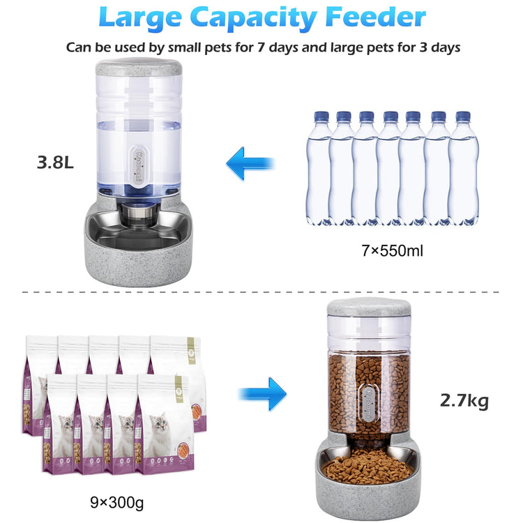 Kacoomi Automatic Dog Cat Feeder and Water Dispenser Gravity Food Feeder and Waterer Set with Pet Food Bowl for Small Medium Dog Puppy Kitten, Large Capacity 1 Gallon x 2