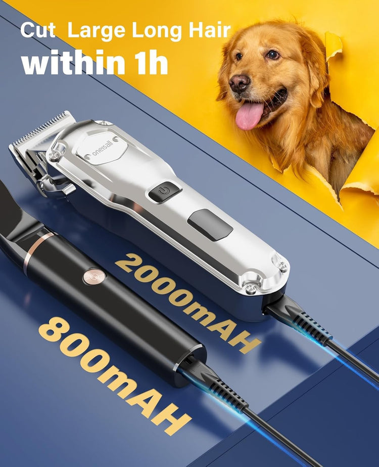 oneisall Dog Grooming Kit for Heavy Thick Hair, with Stainless Steel Blade and Paw Trimmer, Low Noise Rechargeable Cordless Waterproof Dog Clippers for Grooming Animals&Pets
