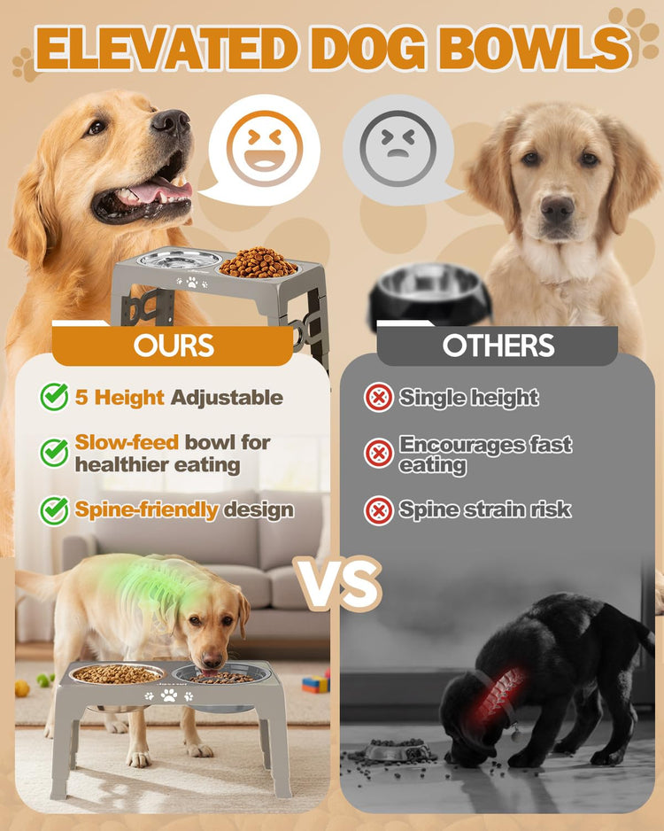 Jovrun Elevated Dog Bowls for Medium Large Size Dogs, Non-Slip Dog Feeder with 1*Stainless Steel Dishes & 1*Slow Feeder Bowl, 5 Heights Adjustable Raised Bowls to 3.15″-8.66″-9.84″-11.02″-12.2″