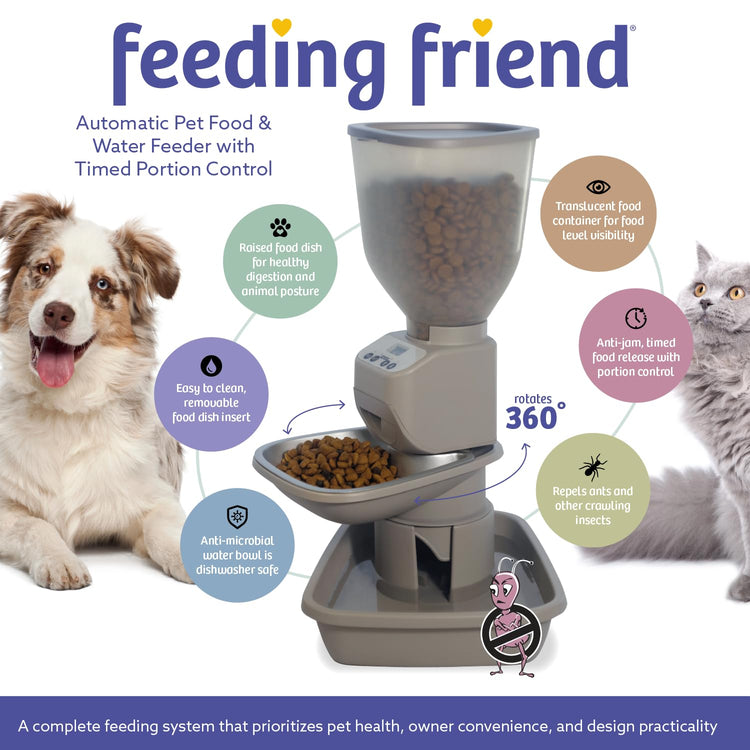 Feeding Friend® Automatic Dog & Cat Food Feeder with Water Dispenser –Smart Pet Feeder with Portion Control, OLED Display, Anti Jam Design, Battery Operated Dispenser for Small - (XS) Pets 4-15 Taupe