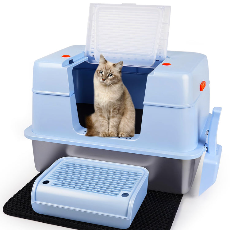 Vivifying Stainless Steel Litter Box, XL Side Entry Extra Large Litter Box with Lid for Big Cats & Kitty, Removable Enclosed Metal Cat Pan with High Sided Enclosure, Scoop (Black)