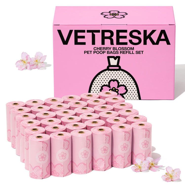 VETRESKA Dog Poop Bag Dispenser with Cherry Blossom Scented Poop Bags, Leak Proof and Extra Thick Pet Waste Bags, 1 Poop Bag Holder and 105 Bags for Dog Walking and Cats Litter, Pink