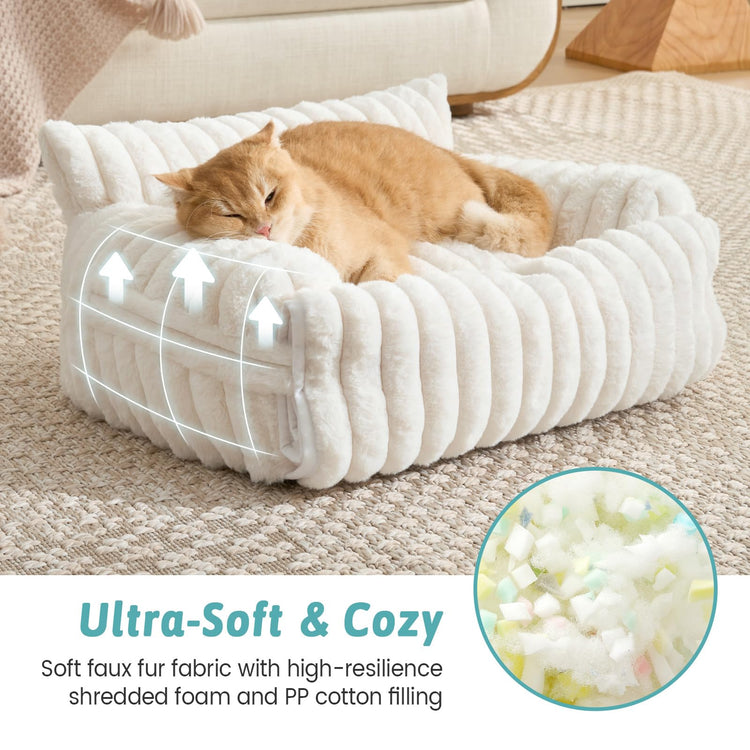 COZY KISS Cute Cat Couch, Fluffy Sofa Bed for Cats and Small Dogs, Premium Faux Rabbit Fur Cats beds for Indoor Cat, Ultra-Soft Supportive Pet Couch Furniture (Grey, S: 25.5''x17.5'')