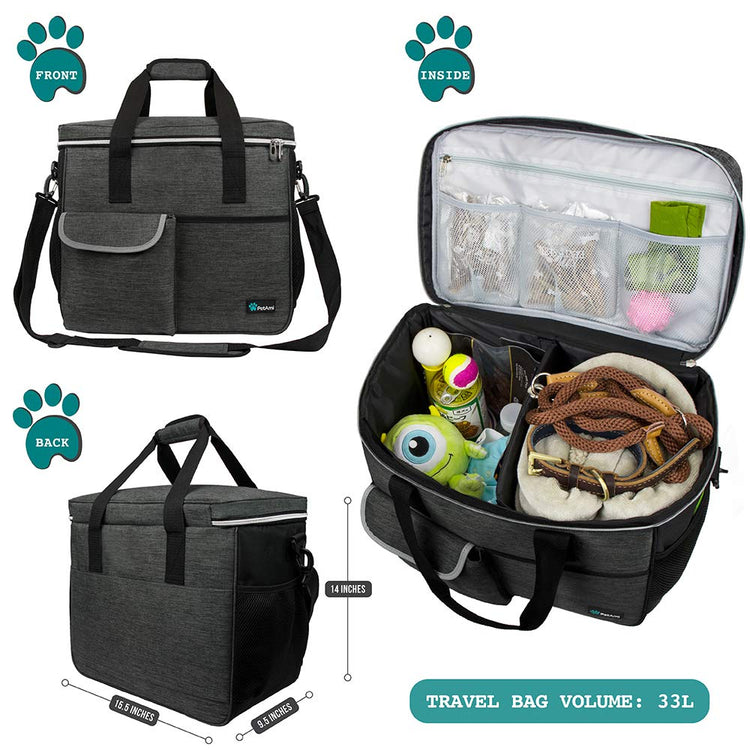 PetAmi Dog Travel Bag Organizer, Pet Travel Kit with 2 Food Containers & 2 Collapsible Dog Bowls, Pet Supplies Tote with Luggage Sleeve, Weekend Road Trip Camping Essentials, Dark Gray, Medium