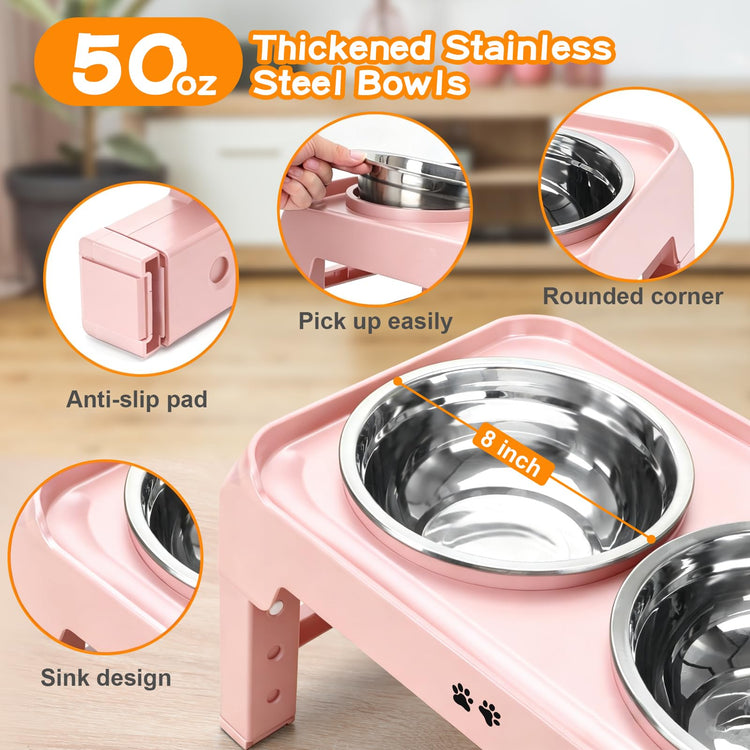 COMESOON Elevated Dog Bowls, 4 Height Adjustable Raised Bowl Stand with 2 Thick 50oz Stainless Steel Food Bowls Non-Slip Feeder Adjusts to 3.7'', 9.2'', 10.75'', 12.36'' Black, (DB-W01)