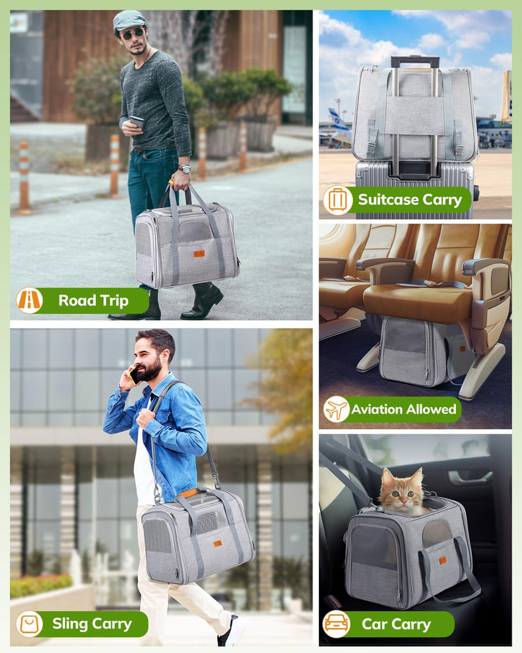 Morpilot Pet Carrier for Large Cats, Puppies & Small Dogs Up to 25lbs, Escape-Proof with Locking Zippers, Dual-Sided Cushion, Safety Buckle for Car & Vet Travel, Includes Foldable Bowl (Dark Gray)