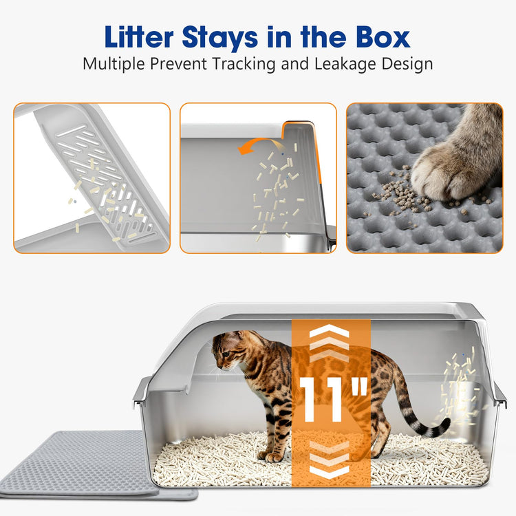 2 Pack XL Stainless Steel Litter Box, Metal Cat Litter Boxes with Lid, High Sided Enclosed Litter Boxes for Big Cat and Multiple Cats, Anti-Urine Leakage | Non-Stick Bottom & Includes Scoop