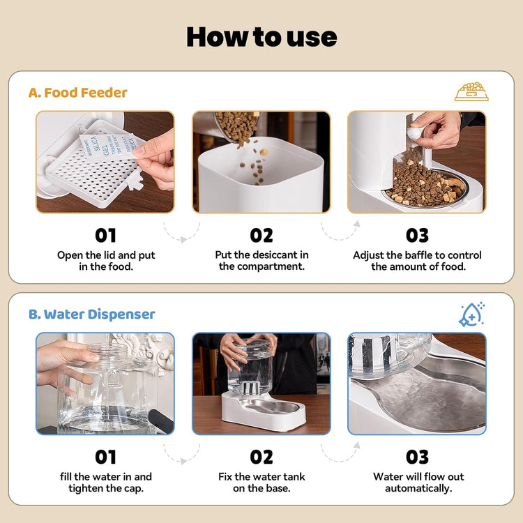 JUNSPOW Automatic Cat Feeder Dog Water Bowl Dispenser Set with Stainless Steel Bowl, Adjustable Food Dispensing & Keep Food Dry, Auto Pet Feeder and Waterer for Cats and Dogs