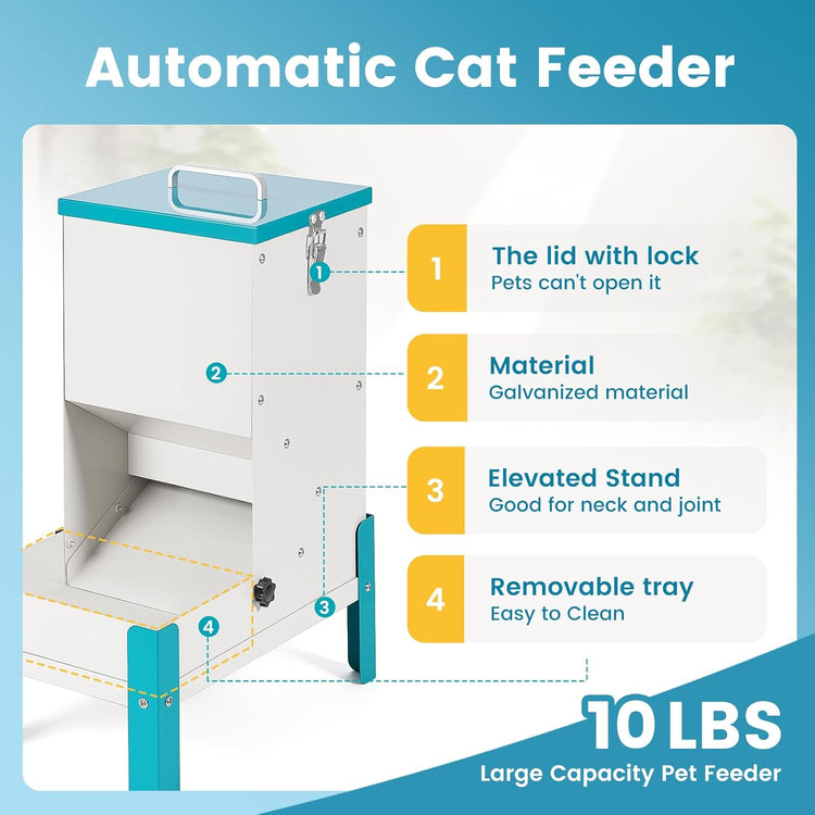 Automatic Cat Feeder, 10L Cat Food Dispenser Automatic Dog Feeder with Stand Gravity Cat Feeder Removable Feeding Tray Raised Pet Feeder for Dogs and Cats