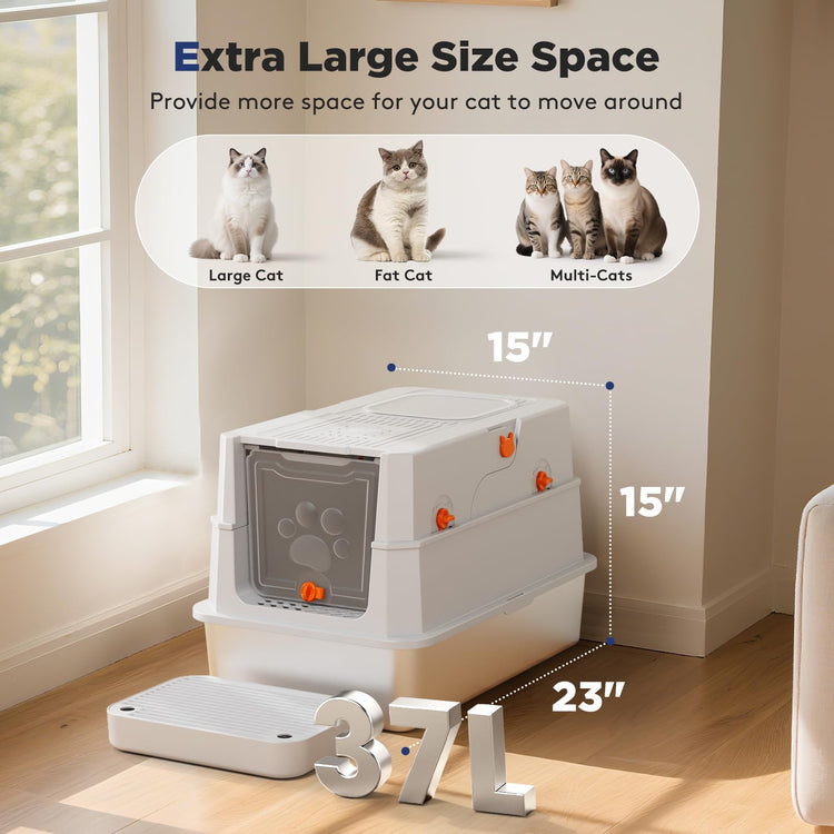 FURTIME Stainless Steel Litter Box with Lid, Large Enclosed Cat Litter Box for Big Cats, Metal Cat Box with High Sided Enclosure & Scoop, Front & Top Entry, Odor Free, Anti-Leakage, Grey