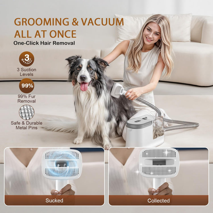 Dog Grooming Vacuum, Dog Grooming Kit with Pet Clipper Nail Grinder, 3 Suction Modes Dog Brush Vacuum with 6 Pet Grooming Tools (Cream)