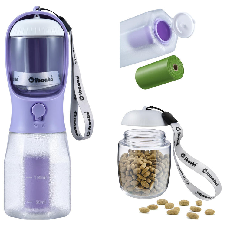 Cibaabo Dog Water Bottle with Food Container & Poop Bag Holder, Travel Water Bowl, Portable Pet Dispenser, Dog Gifts Stuff Accessories Items, Puppy Essentials for Yorkie Chihuahua Walking Hiking