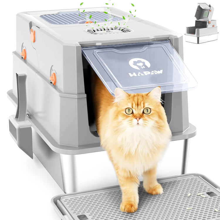 Stainless Steel Litter Box with Lid, Anti-Leakage Enclosed Metal Litter Box, Flip-Top Extra Large Kitty Litter Pan with Scoop & Pedal, Odor Free, Front & Top Dual Entry, Black