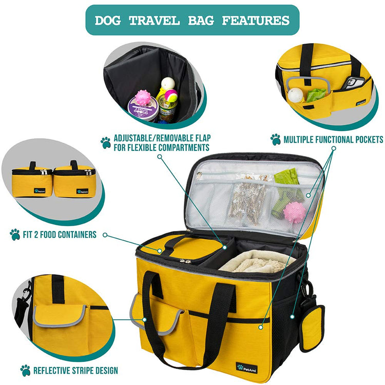 PetAmi Dog Travel Bag Organizer, Pet Travel Kit with 2 Food Containers & 2 Collapsible Dog Bowls, Pet Supplies Tote with Luggage Sleeve, Weekend Road Trip Camping Essentials, Dark Gray, Medium
