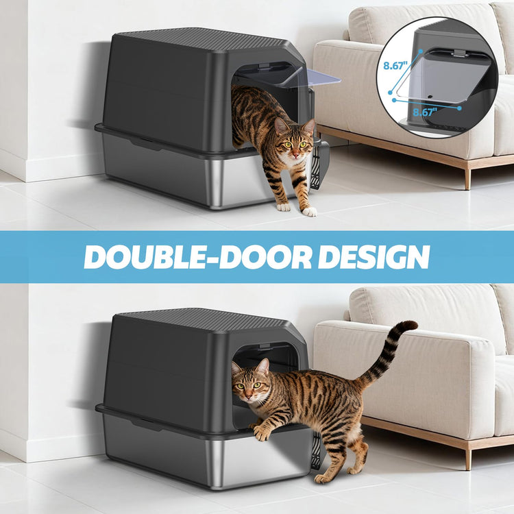 WoofiGo Enclosed Stainless Steel Cat Litter Box with Lid, XL Extra Large Litter Box for Big Cats, Metal Litter Pan High Sided, Never Absorbs Odors, Anti-Urine Leakage, Easy Cleaning, Include Scoop
