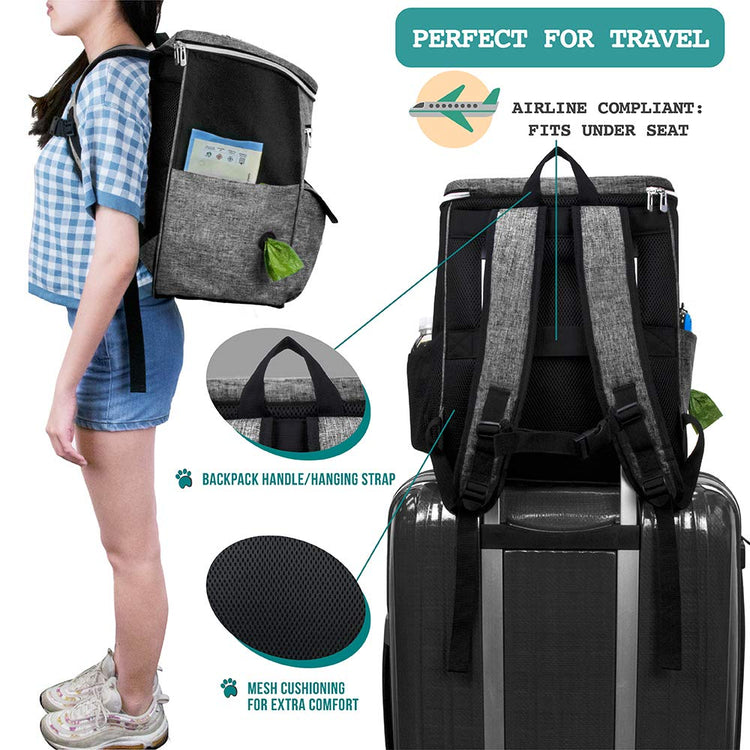 PetAmi Dog Travel Bag Backpack, Airline Approved Dog Bags for Traveling, Puppy Diaper Bag Supplies, Pet Camping Essentials Hiking Accessories Dog Mom Gift, Food Container, Collapsible Bowls, Gray