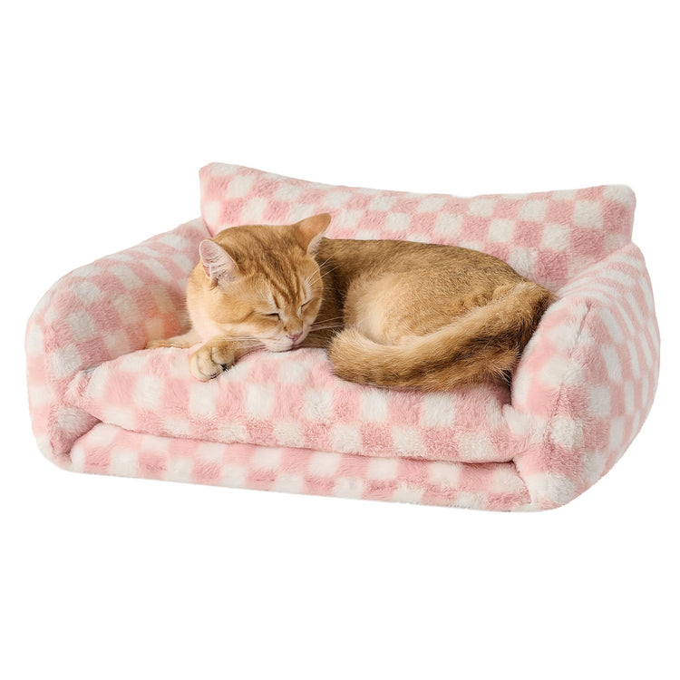 Hollypet Cat Bed Fluffy Plush Multifunctional Double-Layer Machine Washable Soft Warming Kitty Pet Couch Orthopedic Nest Beds for Small Cats Kitten and Dogs up to 13lbs, Khaki(25x20x13 inch)