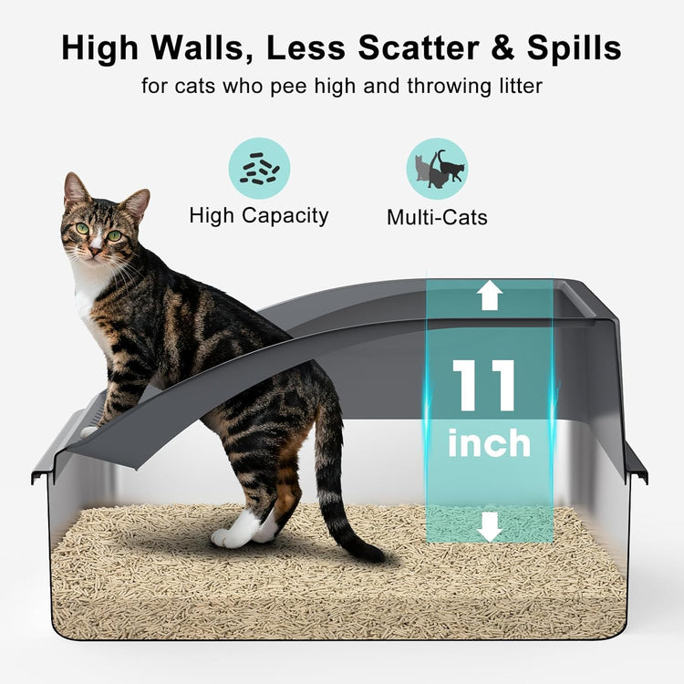 2 Pack Stainless Steel Litter Box for Kitty | Metal Kitty Litter Box with Lid High Sided for Small Cats or Injured Cats, Bunny Litter Boxes, Low Entry, Odor-Free, Non-Stick,Includes Scoop