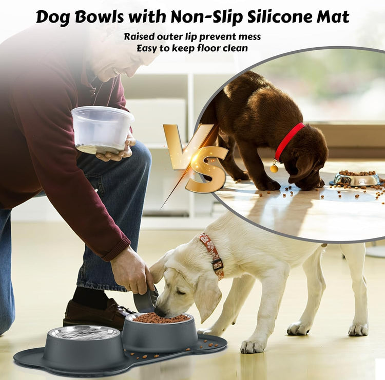 AsFrost Dog Food Bowls Stainless Steel Pet Bowls & Dog Water Bowls with No-Spill and Non-Skid, Feeder Bowls with Dog Bowl Mat for Dogs Cats and Pets-Pink, 24 0z in Total