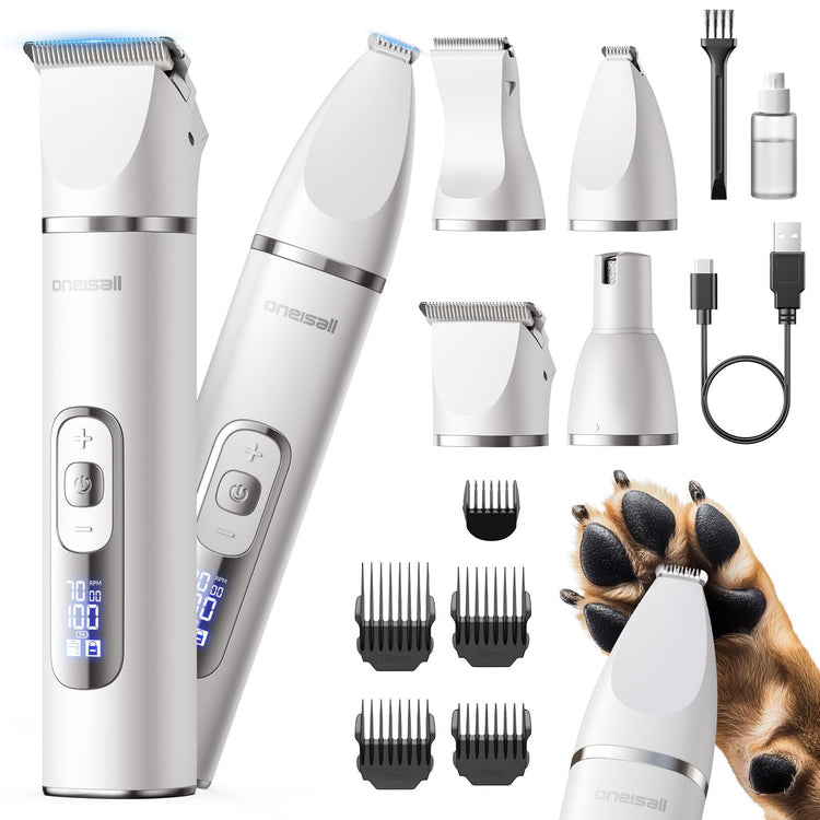 oneisall 4 in 1 Dog Grooming Kit with LCD Display, Dog Hair Trimmer for Paw Nail Grinder, Rechargeable Cordless Low Noise IPX7 Waterproof Pet Clippers