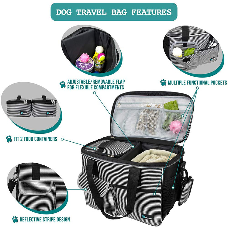 PetAmi Dog Travel Bag Organizer, Pet Travel Kit with 2 Food Containers & 2 Collapsible Dog Bowls, Pet Supplies Tote with Luggage Sleeve, Weekend Road Trip Camping Essentials, Dark Gray, Medium