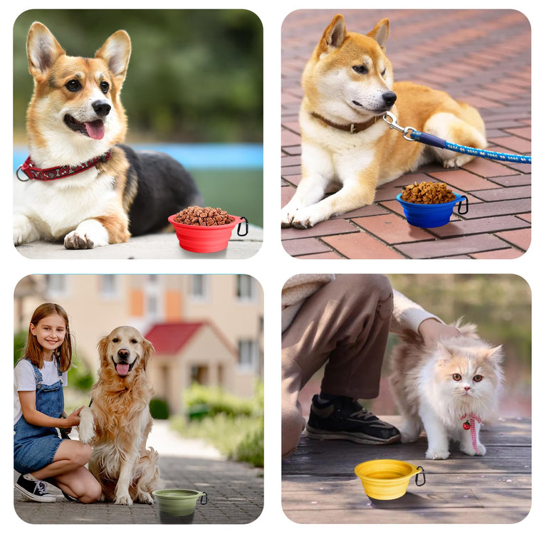 PetBonus 2-Pack Silicone Collapsible Dog Bowls, BPA Free Dishwasher Safe, Portable Foldable Expandable Travel Bowl, Food Water Feeding Cup Dish for Dogs Cats with 2 Carabiners (Turquoise, Tan)