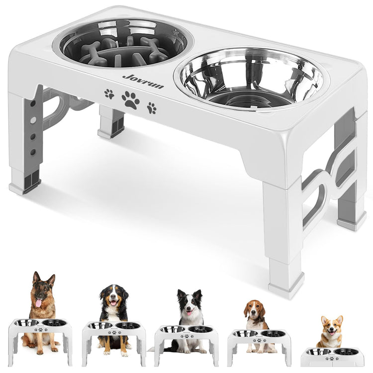 Jovrun Elevated Dog Bowls for Medium Large Size Dogs, Non-Slip Dog Feeder with 1*Stainless Steel Dishes & 1*Slow Feeder Bowl, 5 Heights Adjustable Raised Bowls to 3.15″-8.66″-9.84″-11.02″-12.2″