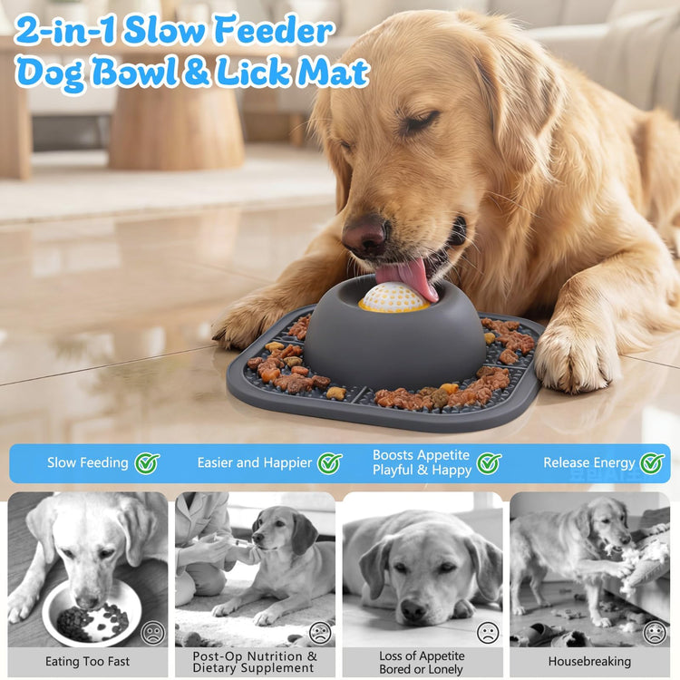 Slow Feeder Dog Bowls & Lick Mat for Liquid and Thick Treat, Anti-Slip Dog Lick Bowl with Interactive Rolling Ball, 5/6 Cup Pup Licking Toy for Large Medium Small Dogs and Cats Blue