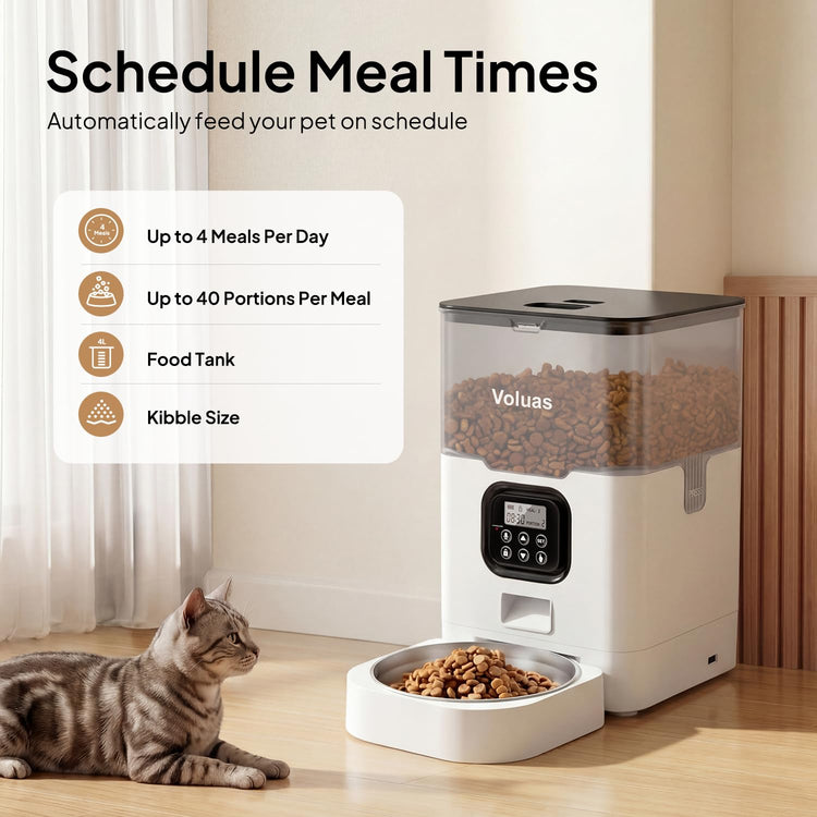 VOLUAS Automatic Cat Feeders - Timed Pet Feeder for Cats and Dogs with Dry Food Dispenser, Desiccant Bag, Programmable Portion Control, 4 Daily Meals, 10s Voice Recorder