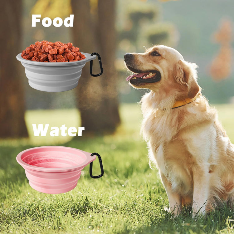 PetBonus 2-Pack Silicone Collapsible Dog Bowls, BPA Free Dishwasher Safe, Portable Foldable Expandable Travel Bowl, Food Water Feeding Cup Dish for Dogs Cats with 2 Carabiners (Turquoise, Tan)